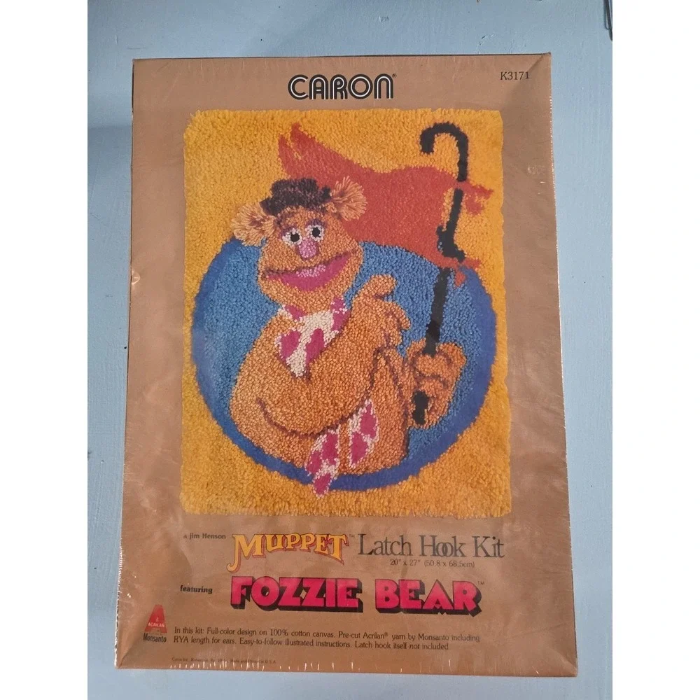 Vintage The Muppets Show Fozzie Bear Latch Hook Carpet Framed Wall Hanging 20x27